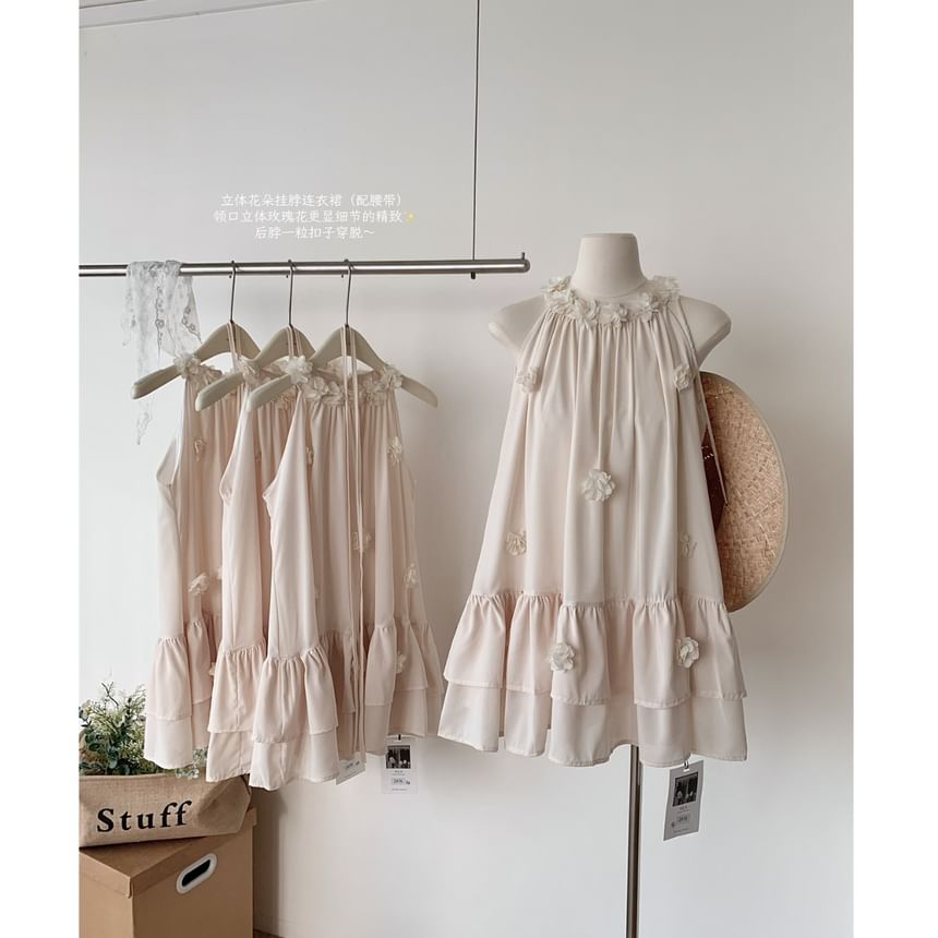 Flower Halter Detail Plain Sundress Ruffle Mini