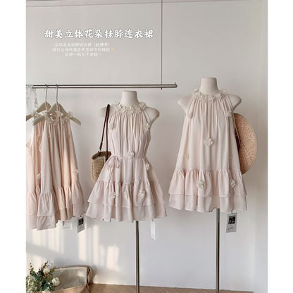 Flower Halter Detail Plain Sundress Ruffle Mini