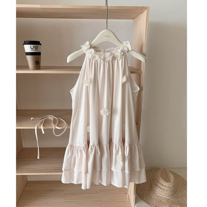 Flower Halter Detail Plain Sundress Ruffle Mini
