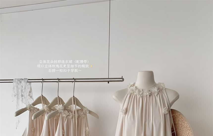 Flower Halter Detail Plain Sundress Ruffle Mini