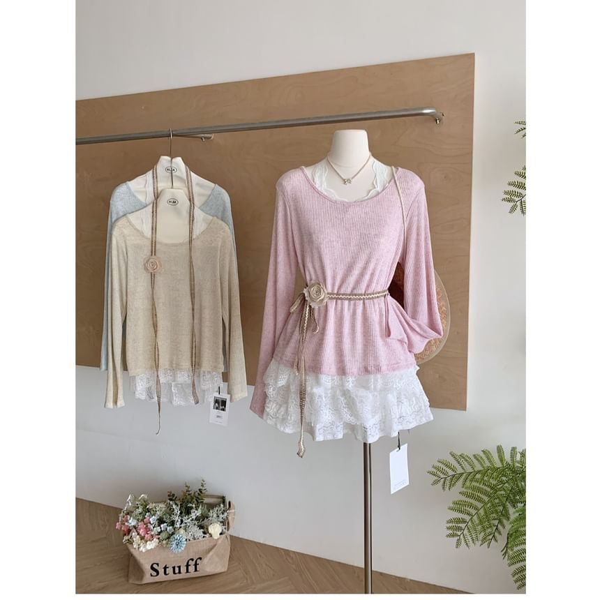 Long-Sleeve Lace Round Trim Neck Tee Plain