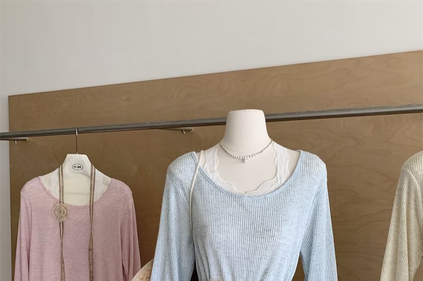 Long-Sleeve Lace Round Trim Neck Tee Plain
