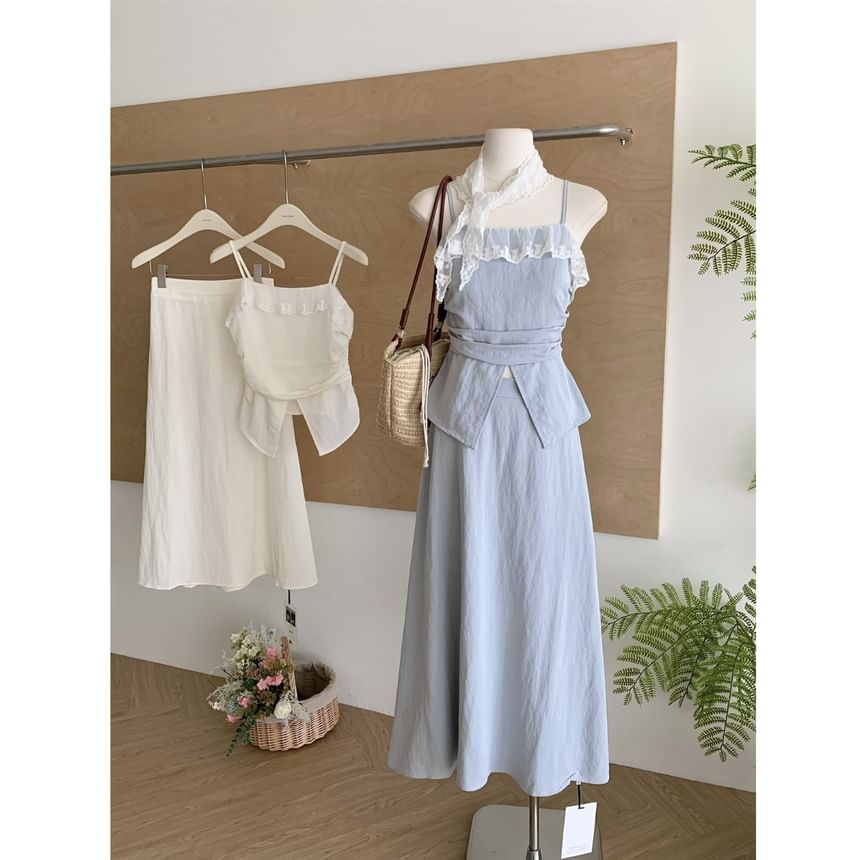 Lace Midi Set: High Plain Top Front-Slit Rise Trim Camisole + Skirt A-Line