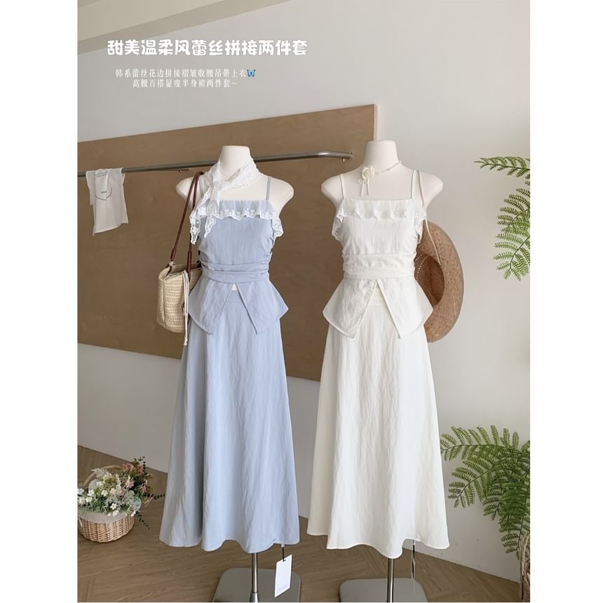 Lace Midi Set: High Plain Top Front-Slit Rise Trim Camisole + Skirt A-Line