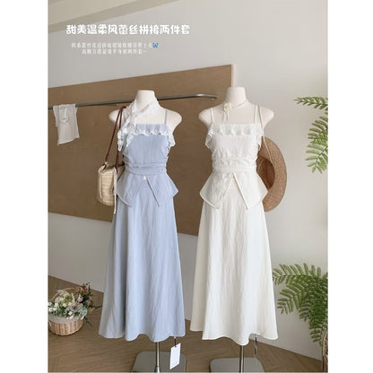 Lace Midi Set: High Plain Top Front-Slit Rise Trim Camisole + Skirt A-Line