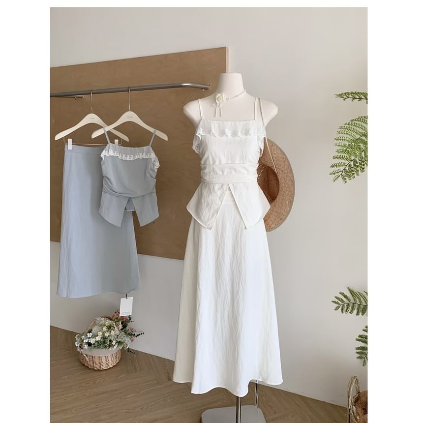Lace Midi Set: High Plain Top Front-Slit Rise Trim Camisole + Skirt A-Line