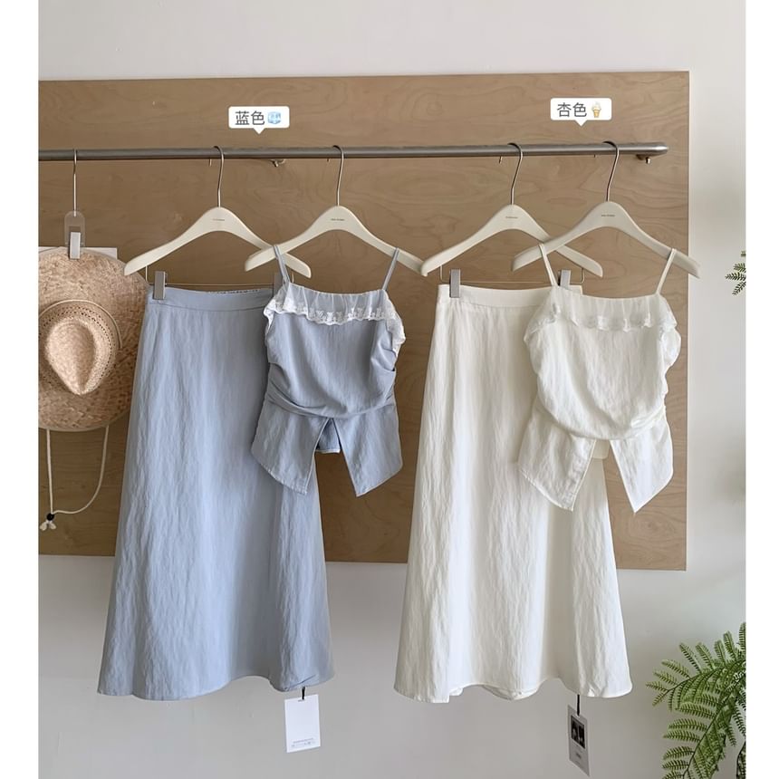 Lace Midi Set: High Plain Top Front-Slit Rise Trim Camisole + Skirt A-Line