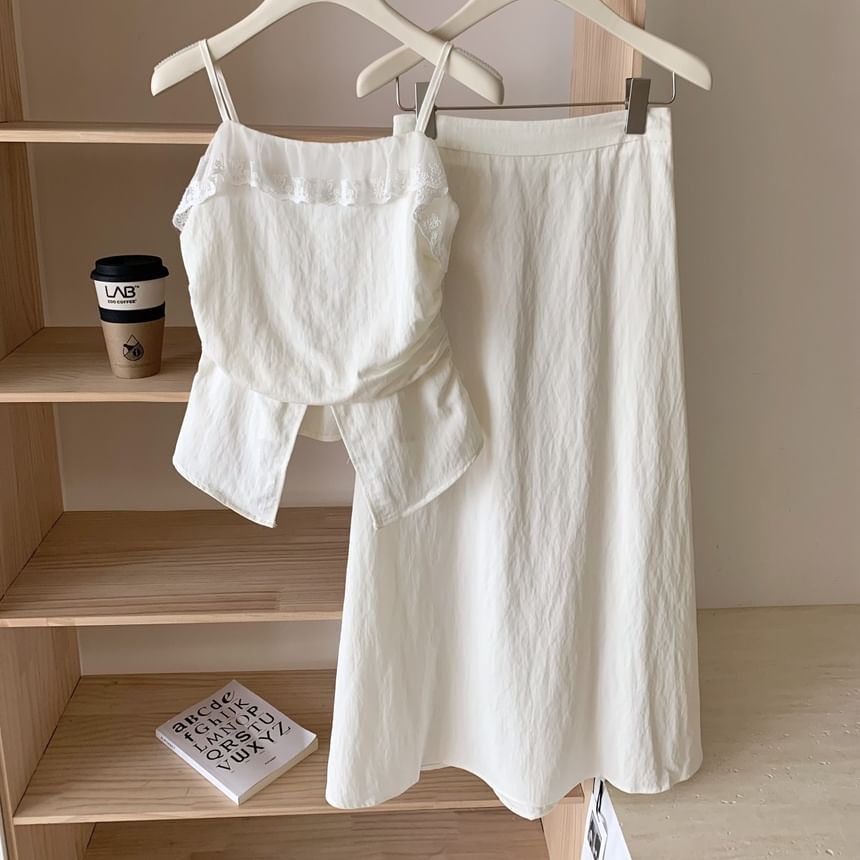 Lace Midi Set: High Plain Top Front-Slit Rise Trim Camisole + Skirt A-Line