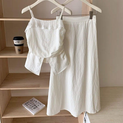 Lace Midi Set: High Plain Top Front-Slit Rise Trim Camisole + Skirt A-Line