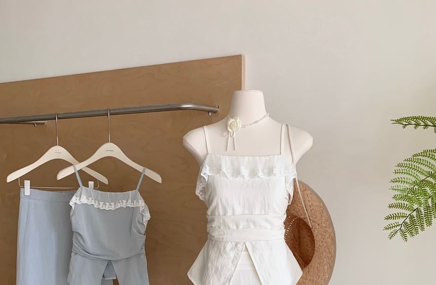 Lace Midi Set: High Plain Top Front-Slit Rise Trim Camisole + Skirt A-Line