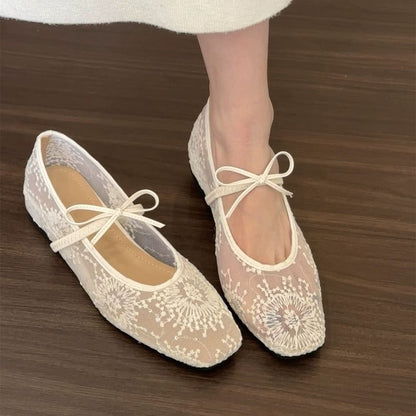 Bow Mary Jane Flat Mesh Shoes