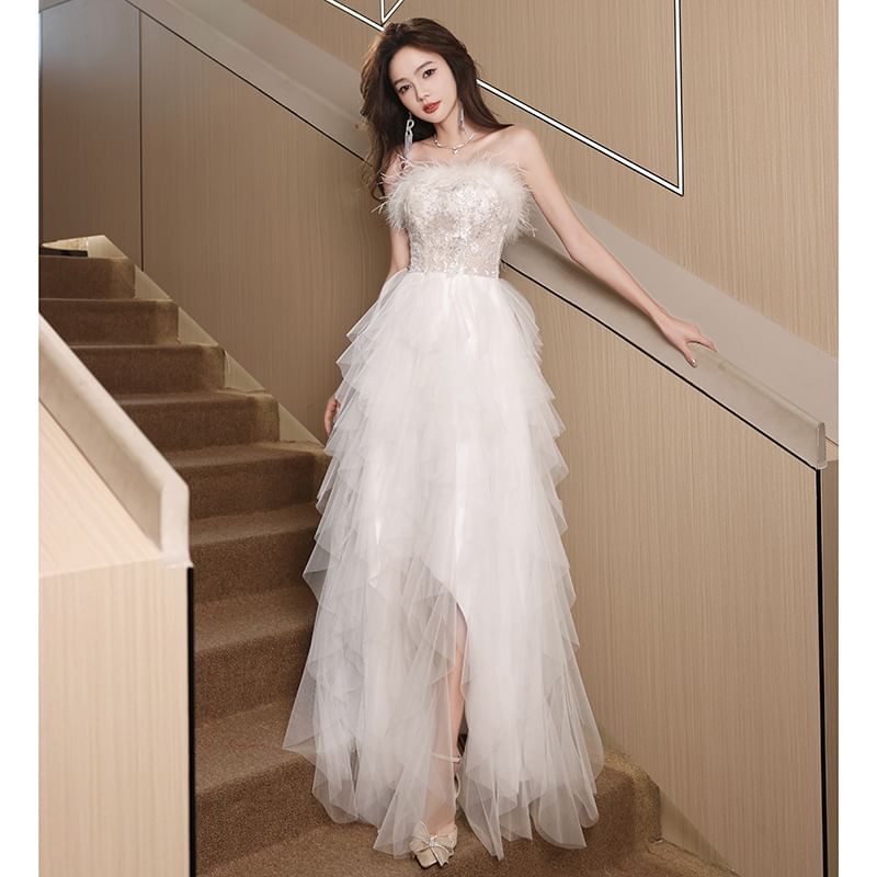 Strapless Asymmetrical A-Line Gown Fluffy Evening Mesh