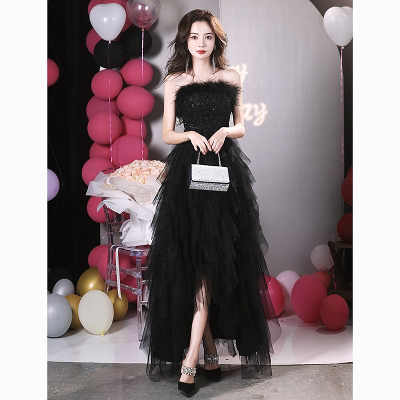 Strapless Asymmetrical A-Line Gown Fluffy Evening Mesh
