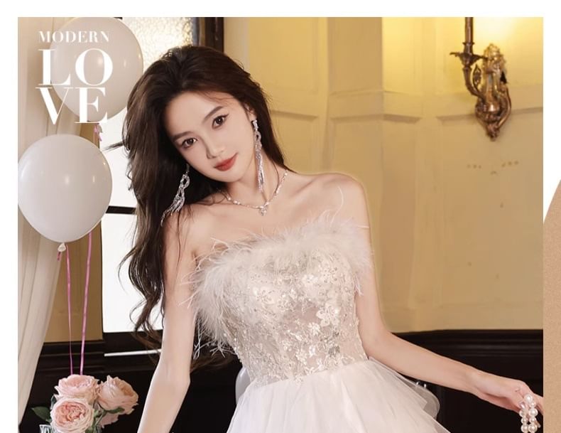 Strapless Asymmetrical A-Line Gown Fluffy Evening Mesh