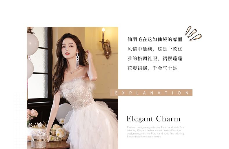 Strapless Asymmetrical A-Line Gown Fluffy Evening Mesh