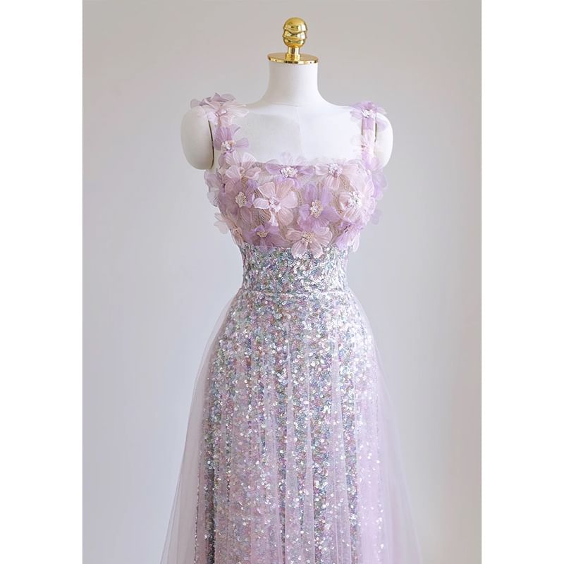 Evening A-Line Gown Strap Wide Glitter Floral