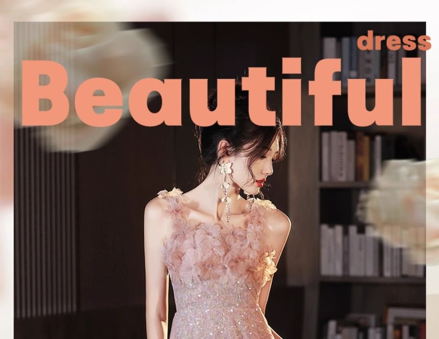 Evening A-Line Gown Strap Wide Glitter Floral