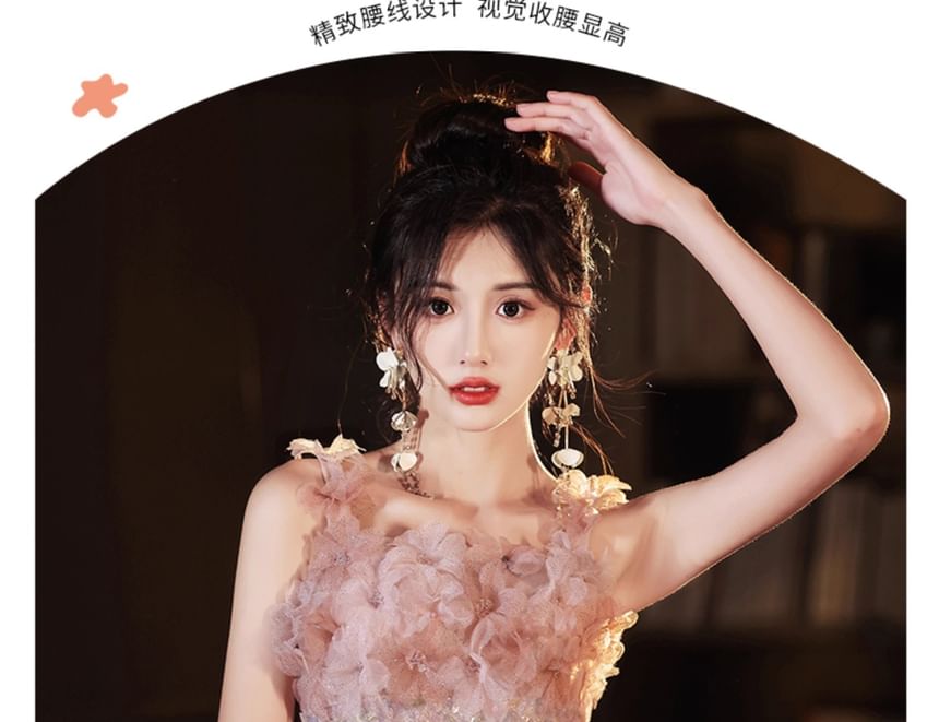 Evening A-Line Gown Strap Wide Glitter Floral