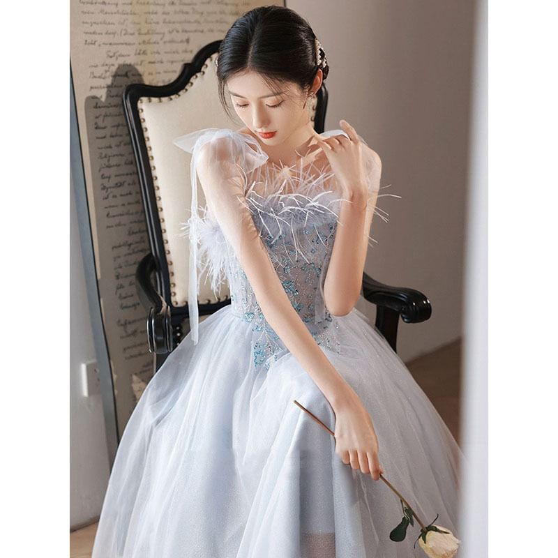 Trim Fluffy A-Line Gown Tie-Shoulder Evening Sequined