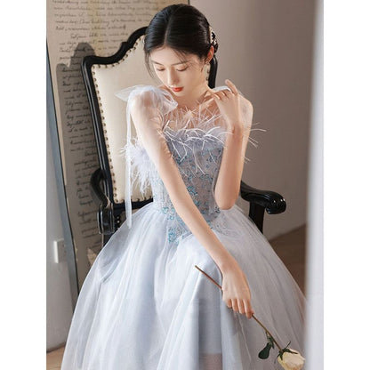 Trim Fluffy A-Line Gown Tie-Shoulder Evening Sequined