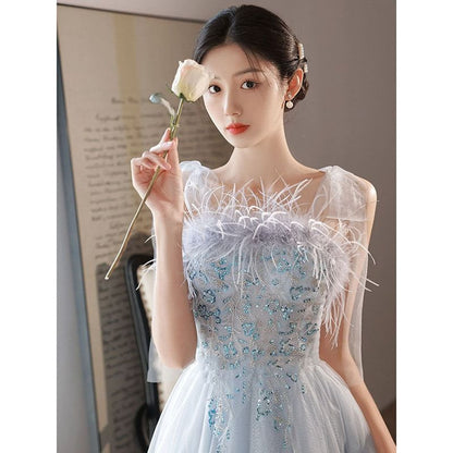 Trim Fluffy A-Line Gown Tie-Shoulder Evening Sequined