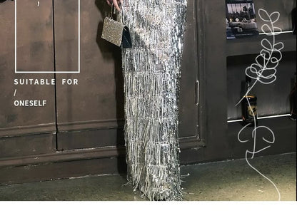 Sequined Panel Tasseled Off-Shoulder Evening A-Line Velvet Gown