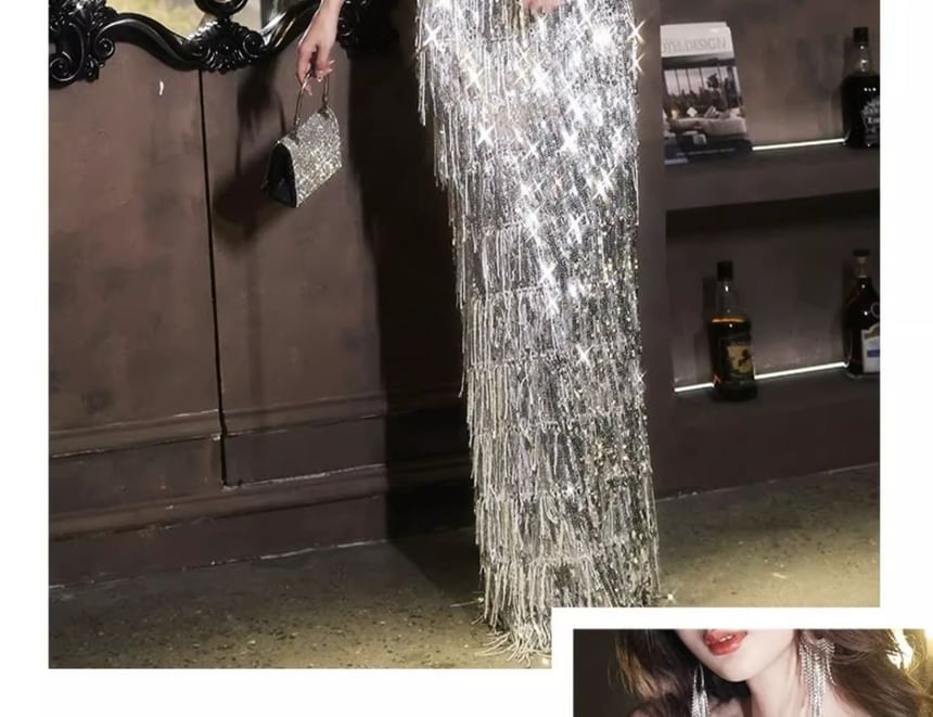 Sequined Panel Tasseled Off-Shoulder Evening A-Line Velvet Gown