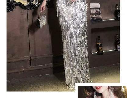 Sequined Panel Tasseled Off-Shoulder Evening A-Line Velvet Gown