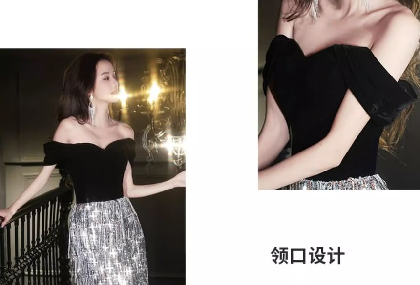 Sequined Panel Tasseled Off-Shoulder Evening A-Line Velvet Gown