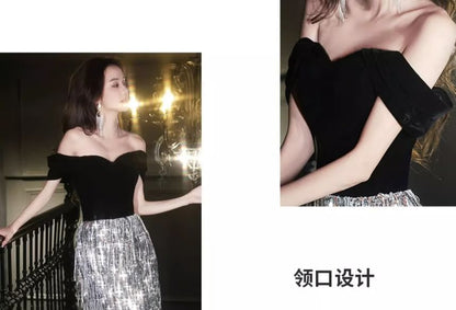 Sequined Panel Tasseled Off-Shoulder Evening A-Line Velvet Gown