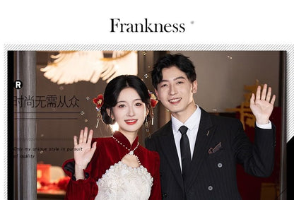 Wedding Puff-Sleeve Chinese Floral Faux Jacquard Dress Pearl A-Line