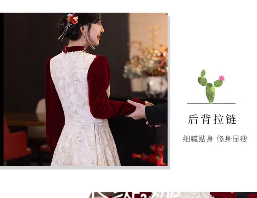 Wedding Puff-Sleeve Chinese Floral Faux Jacquard Dress Pearl A-Line