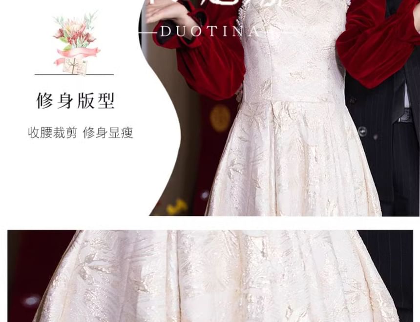 Wedding Puff-Sleeve Chinese Floral Faux Jacquard Dress Pearl A-Line