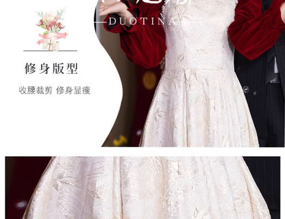 Wedding Puff-Sleeve Chinese Floral Faux Jacquard Dress Pearl A-Line