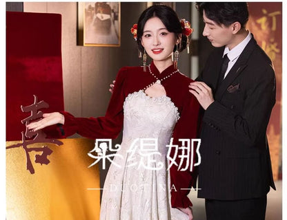 Wedding Puff-Sleeve Chinese Floral Faux Jacquard Dress Pearl A-Line