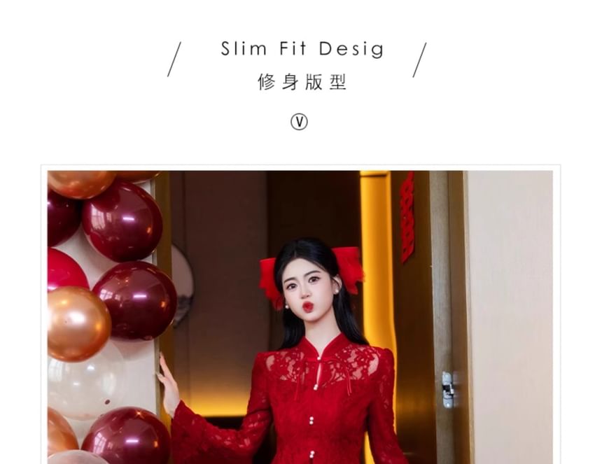 + Lace High Frog Buttoned Button-Up Waist Top Set: Midi Pencil Skirt Long-Sleeve