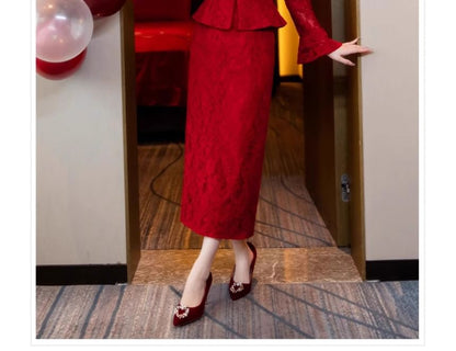 + Lace High Frog Buttoned Button-Up Waist Top Set: Midi Pencil Skirt Long-Sleeve