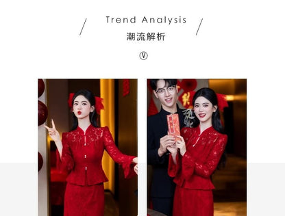 + Lace High Frog Buttoned Button-Up Waist Top Set: Midi Pencil Skirt Long-Sleeve