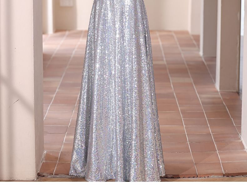 Sequined Spaghetti Gown A-Line Strap Evening