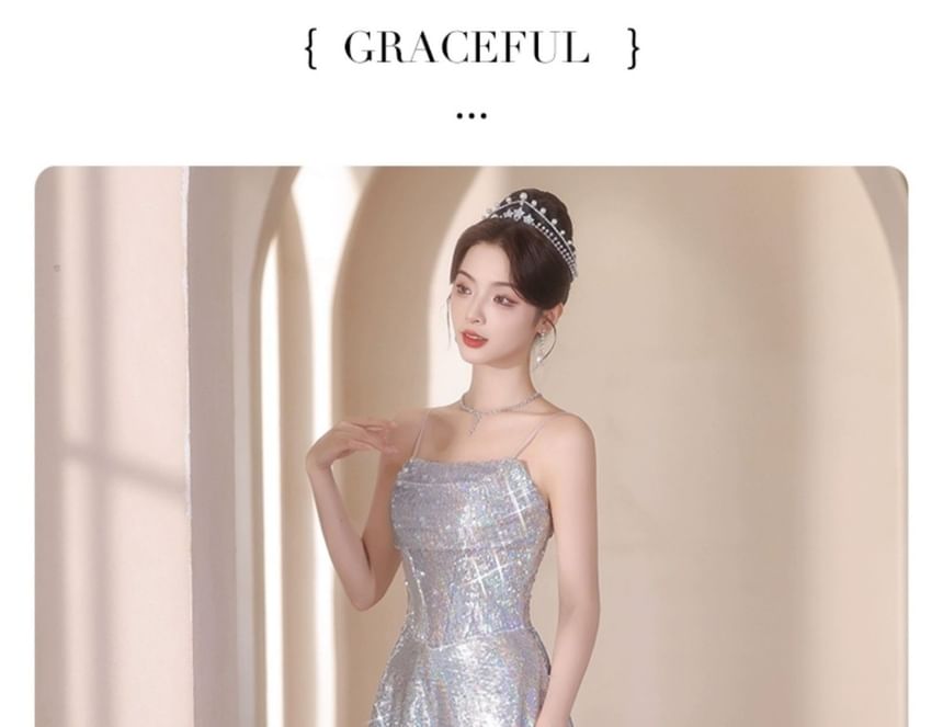 Sequined Spaghetti Gown A-Line Strap Evening