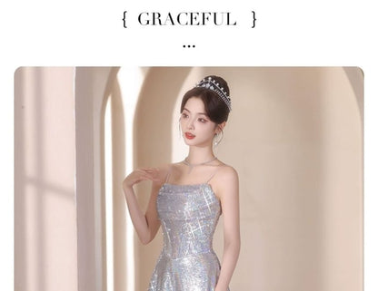 Sequined Spaghetti Gown A-Line Strap Evening