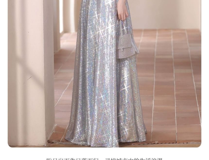 Sequined Spaghetti Gown A-Line Strap Evening