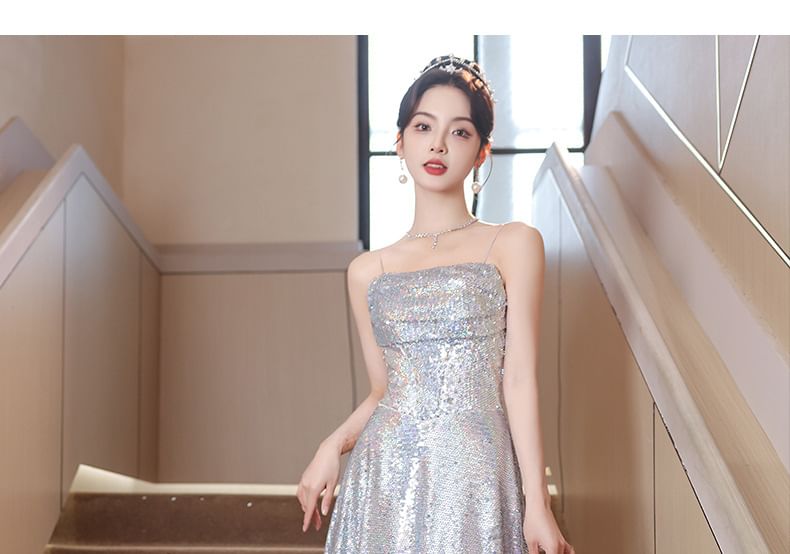 Sequined Spaghetti Gown A-Line Strap Evening