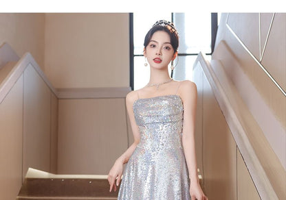 Sequined Spaghetti Gown A-Line Strap Evening