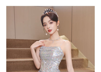 Sequined Spaghetti Gown A-Line Strap Evening