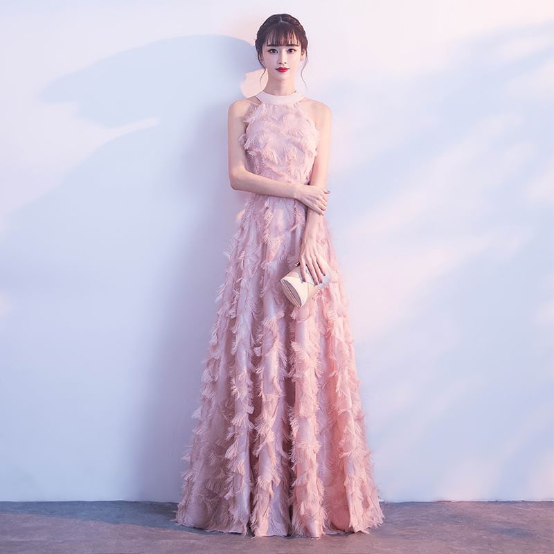 Evening Gown A-Line Halter-Neck Feather