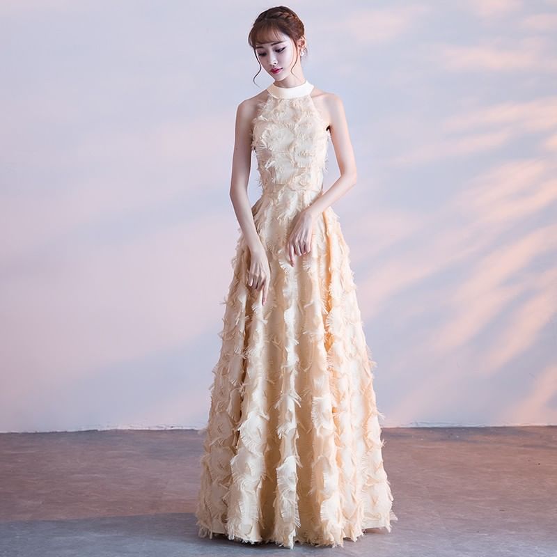 Evening Gown A-Line Halter-Neck Feather