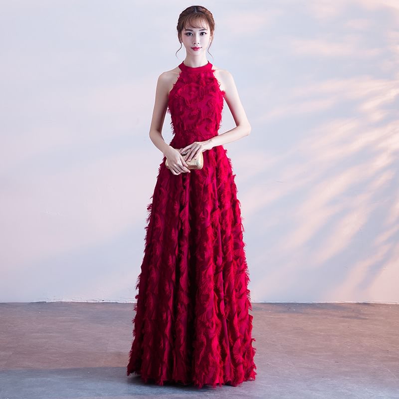 Evening Gown A-Line Halter-Neck Feather