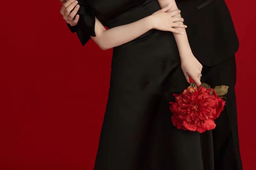 Bow A-Line Evening Gown Puff-Sleeve Off-Shoulder