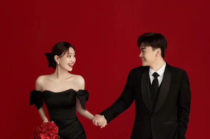 Bow A-Line Evening Gown Puff-Sleeve Off-Shoulder